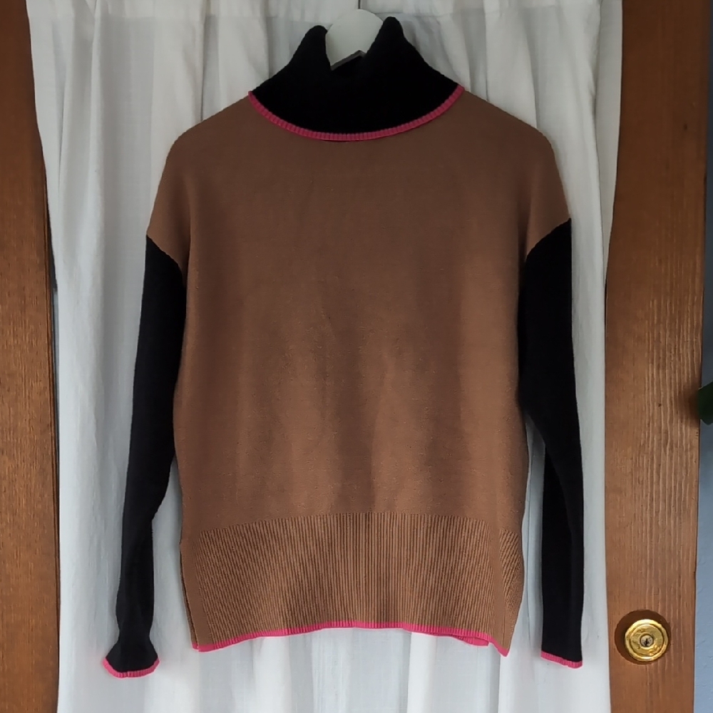Tahari Tan and Black Turtleneck Sweater with Pink Trim